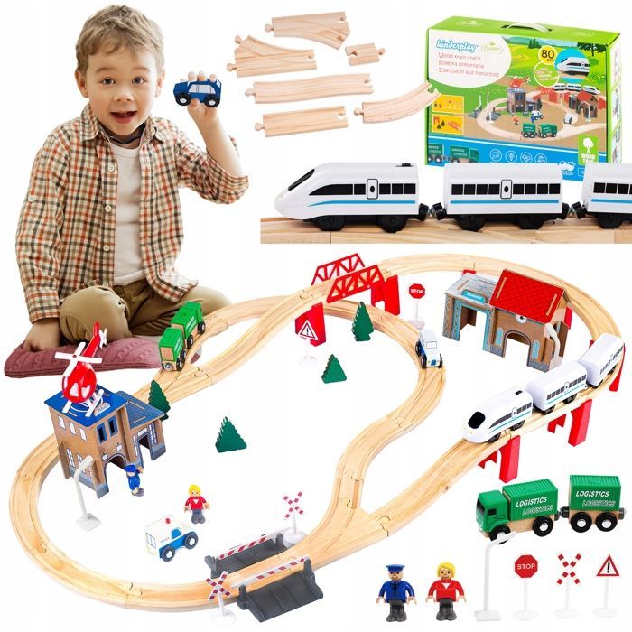 80-teiliges Holzeisenbahnset mit batteriebetriebener Lokomotive und Polizeistation - Grüne Serie (GS0010)