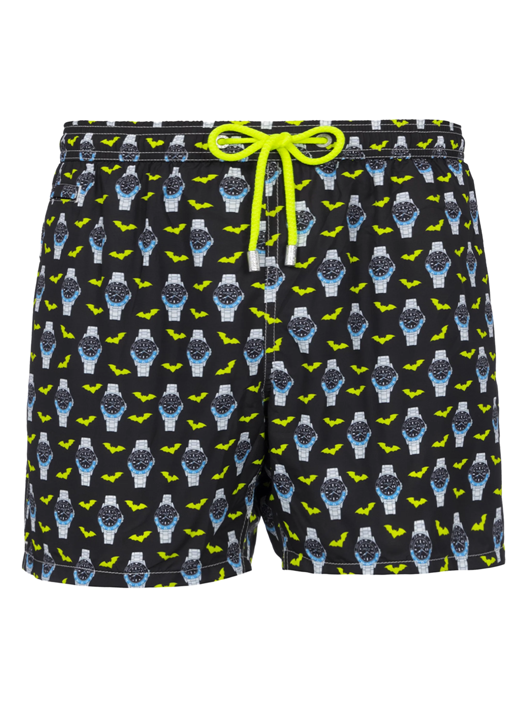 Mid-length zwembroek voor heren | Sneldrogend, all-over print met horloges en vleermuizen | Elastische tailleband, verstelbaar trekkoord | MC2 Saint Barth