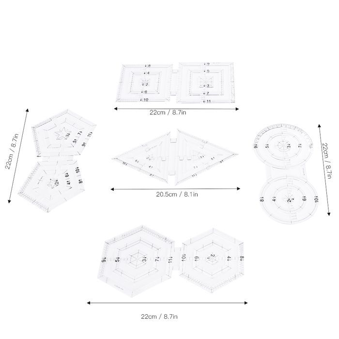 5 tilkkutyötyökalua: geometriset muodot, kaksoisympyrä, viisikulmio, kuusikulmio, kolmio, käsinompelu