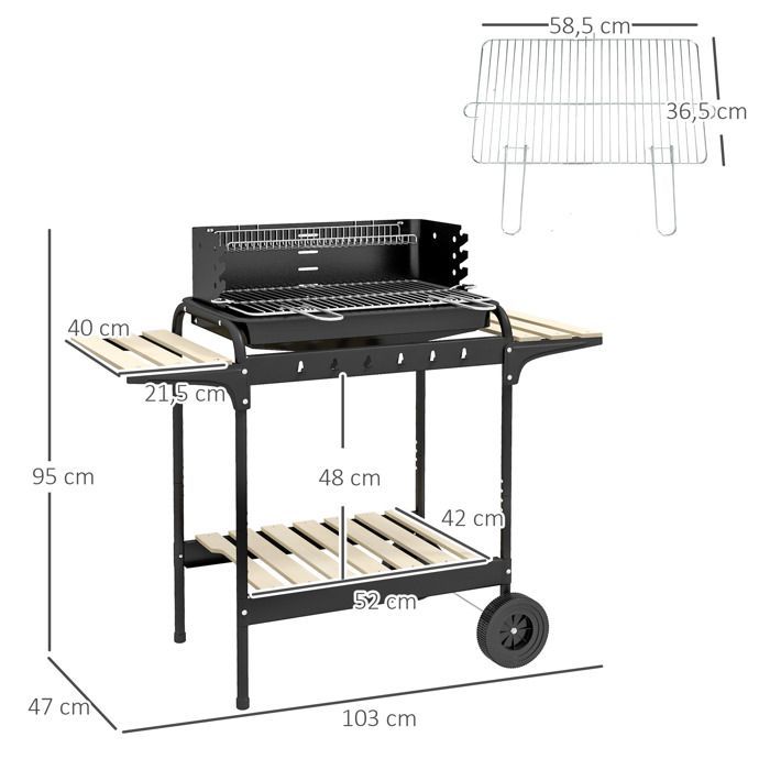 Barbecue a carbone con supporto e griglia regolabile.