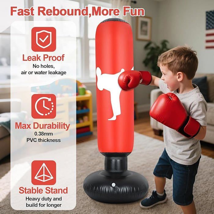 Sacco da boxe per bambini da 160 cm, sacco da boxe con guantoni e pompa gonfiabile, palla da pugilato per bambini, Taekwondo, Karate, età 3-12 anni, rosso