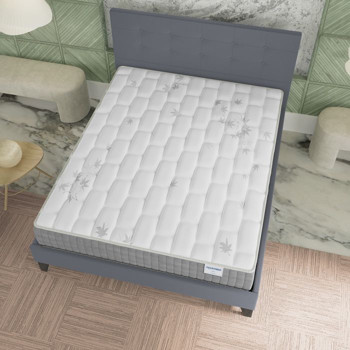 Colchón y cama (140x190cm) - Galice 25cm Muelles ensacados y espuma viscoelástica + Base de láminas y cabecero tapizados en gris