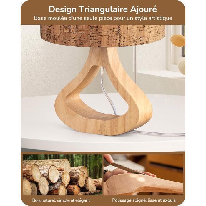 Lámpara de mesa EDISHINE con pantalla de corteza natural, base teñida en roble claro y bombilla LED E27 incluida.