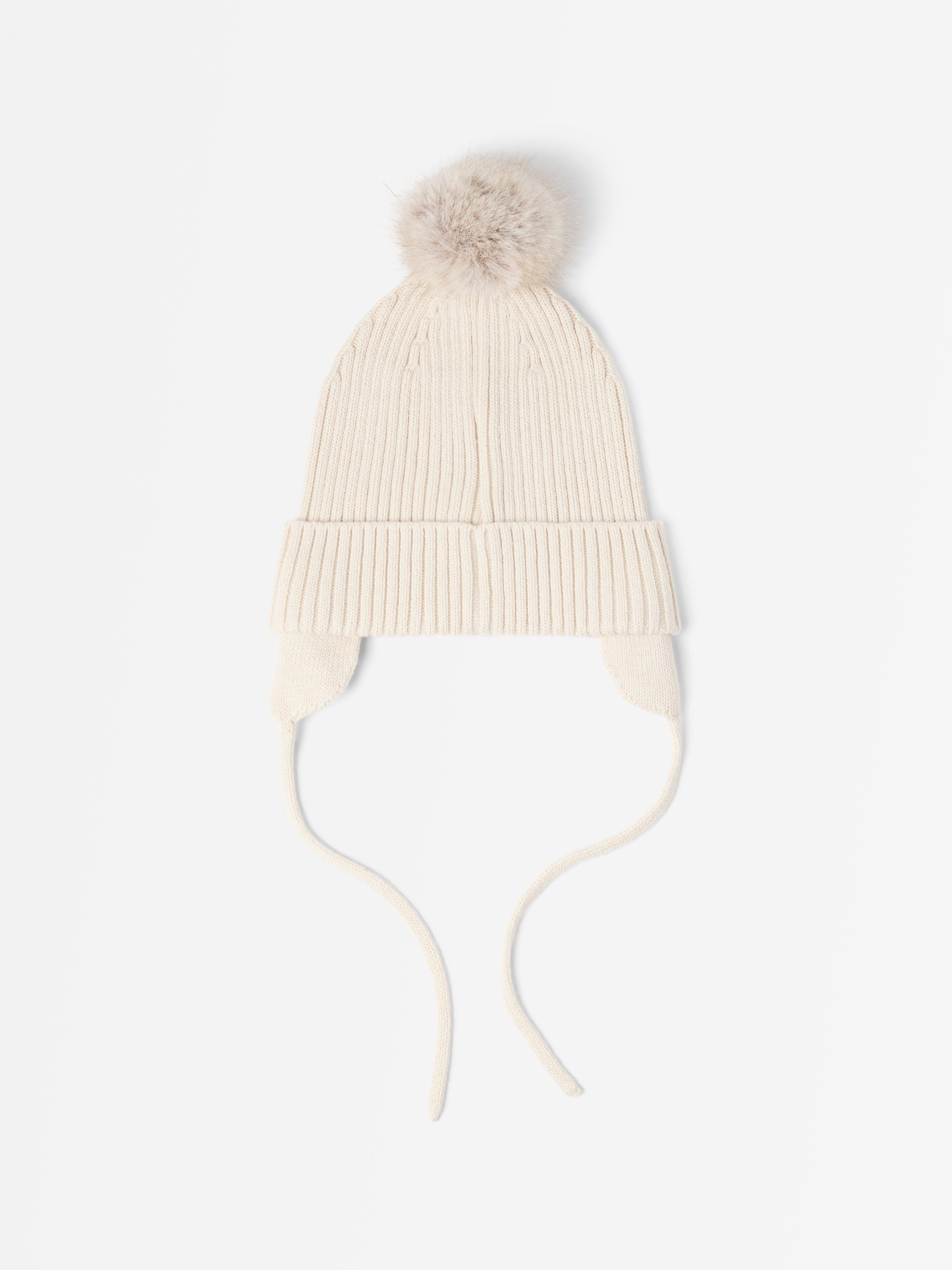 Strikket lue med pompon Lys beige
