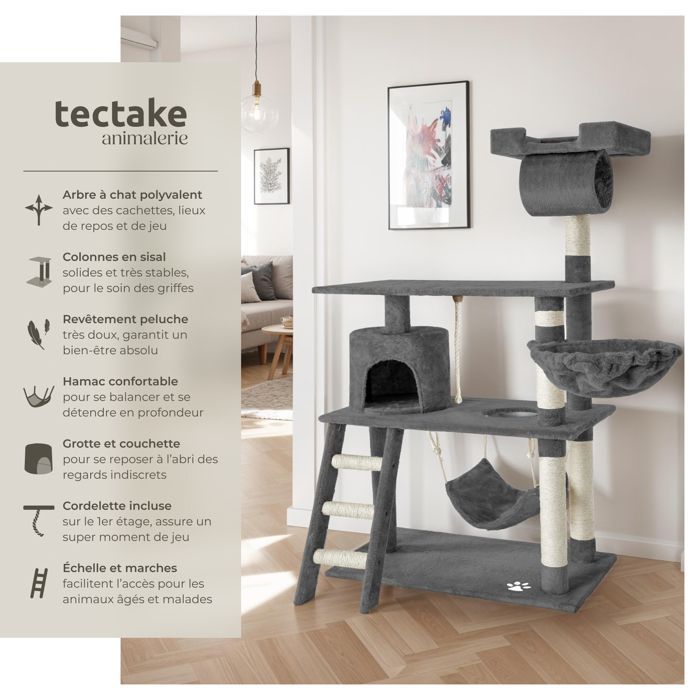 Árbol rascador para gatos - TECTAKE - MARCEL, 141 cm de altura, con cuerda, poste rascador y zonas de descanso - Gris