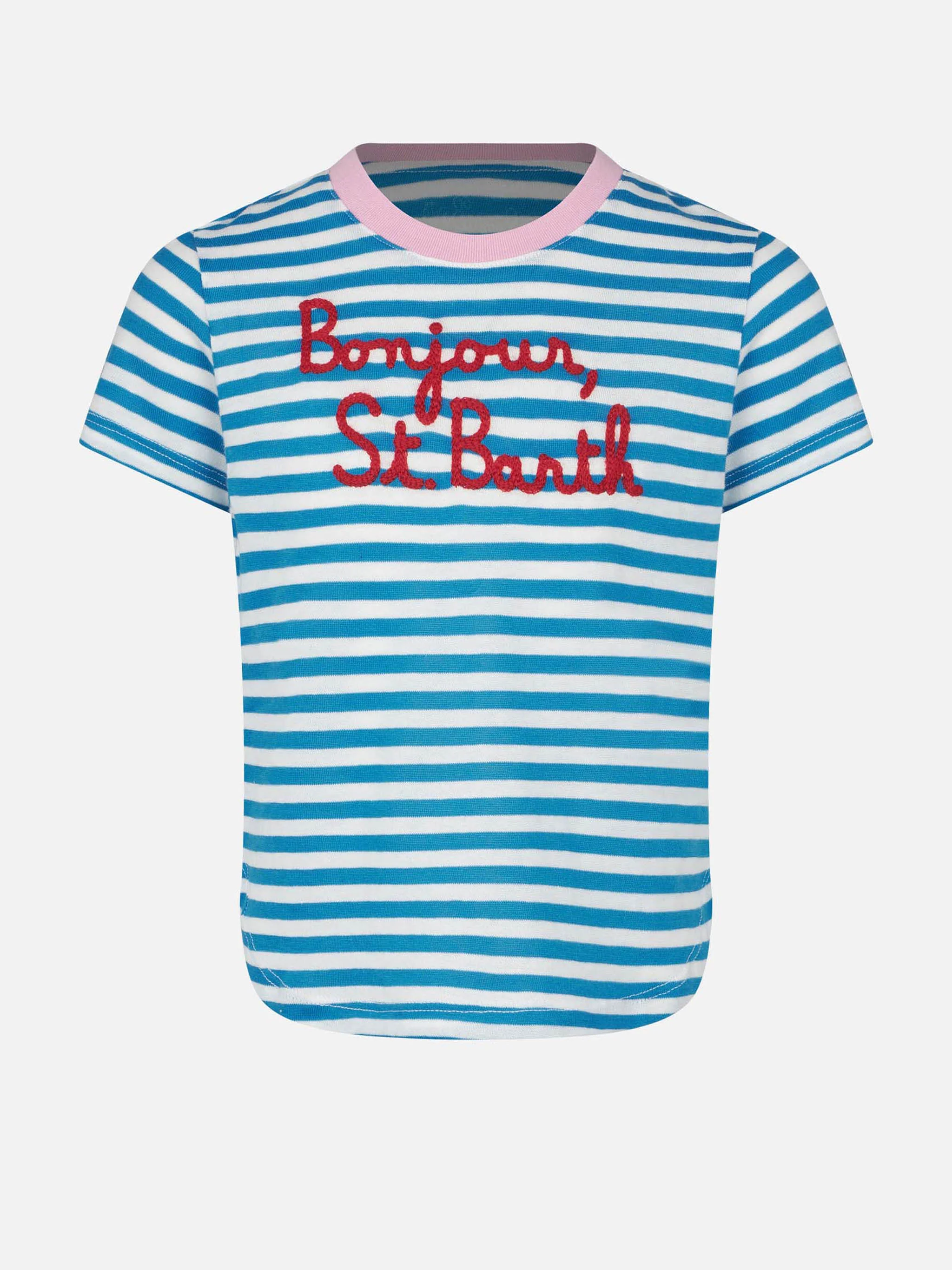 Stribet T-shirt til piger med Bonjour St. Barth-broderi