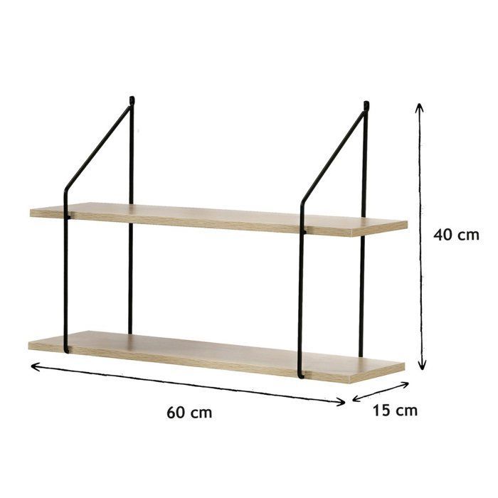 Estantería de pared de 2 niveles, acabado en madera, 60 cm de ancho - Madera - 60 cm x 15 cm x 40 cm - CALICOSY