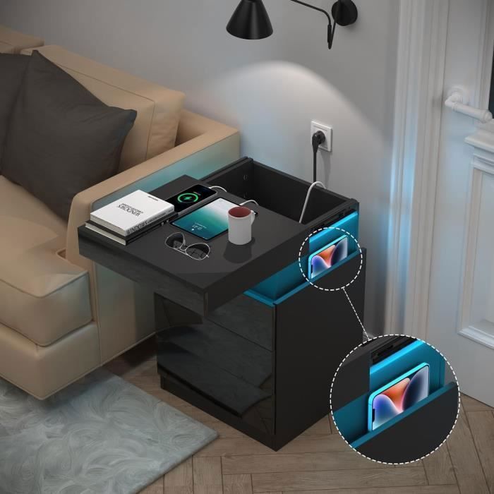 Table de Chevet - LDSZXNE - 3 Tiroirs - LED - Noir