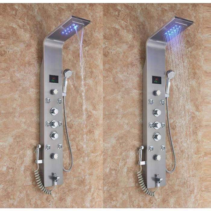 Colonna doccia in acciaio inox spazzolato, display LED della temperatura, 6 getti massaggianti, soffione a pioggia, cascata, doccetta, bidet.