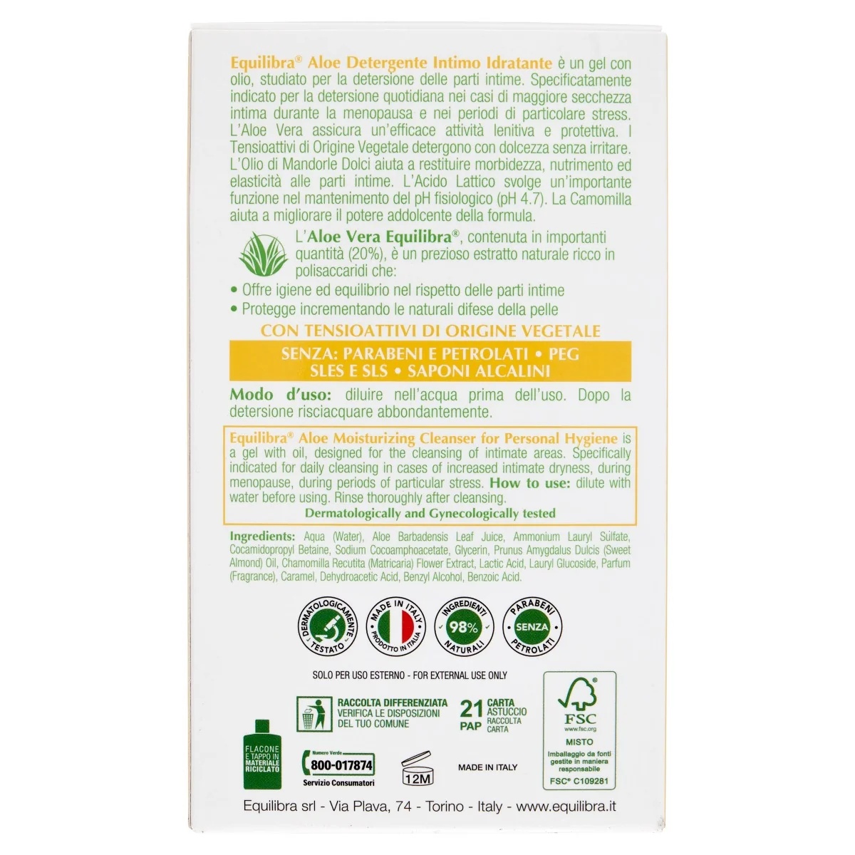 EQUILIBRA Feuchtigkeitsspendendes Intimgel Equilibra mit Aloe Vera 200 ml verändert den pH-Wert nicht