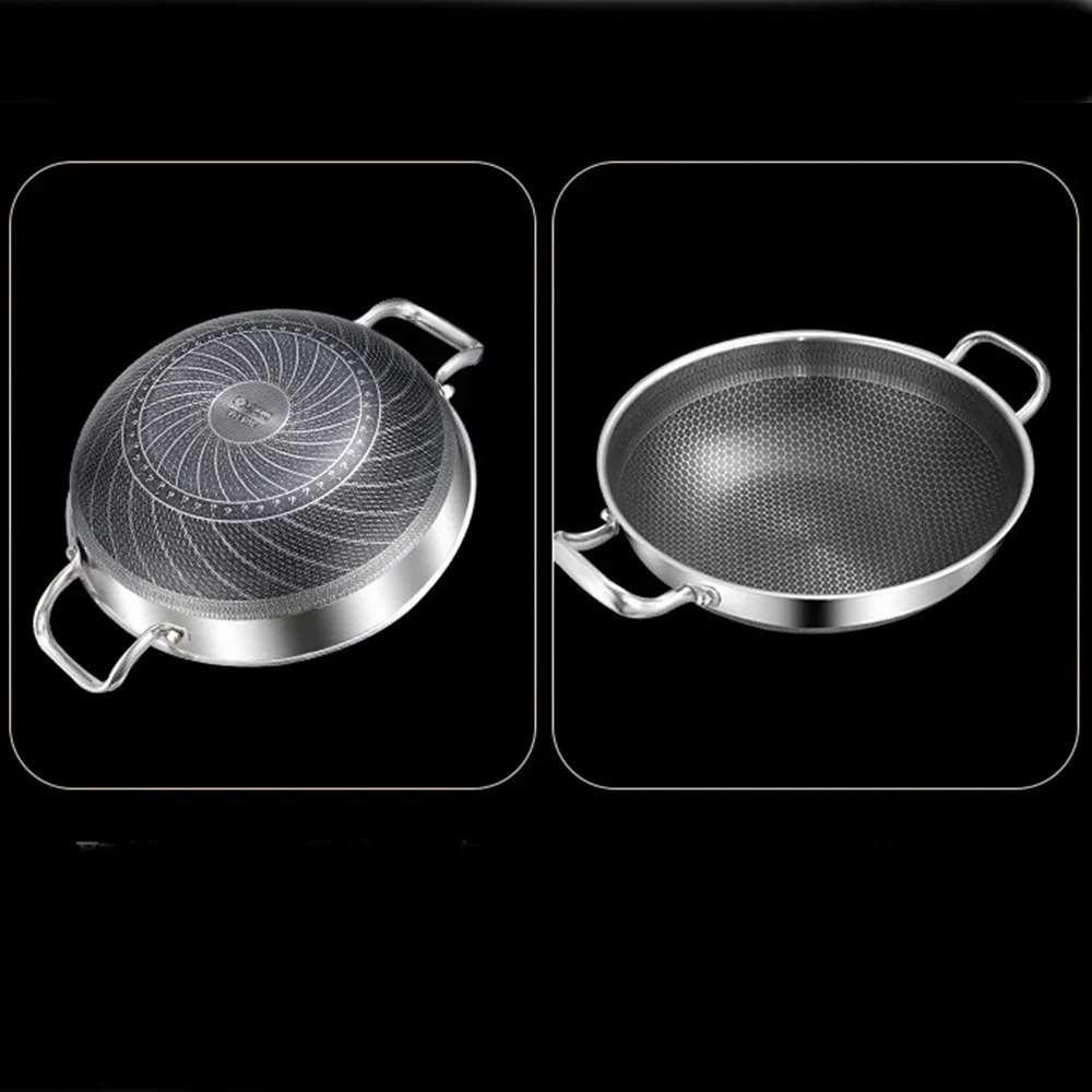 Poêle à frire de 32 cm en acier inoxydable 304 de qualité alimentaire, antiadhésive, à fond alvéolé, compatible avec les plaques à induction, les cuisinières à gaz et les woks.