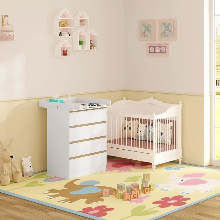 Cambiador WOLTU, cómoda cambiador para bebés con 4 cajones, MDF y madera de ingeniería, 80x75x109,2cm, blanco WT008ws