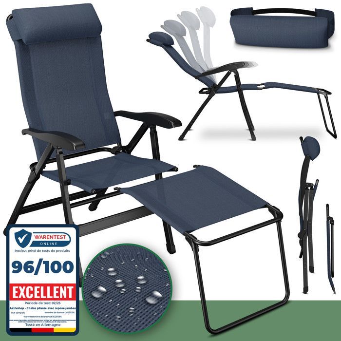 Cadeira de camping dobrável ELONEO com apoio para os pés removível, encosto ajustável, alumínio - Conforto para jardim e varanda, azul