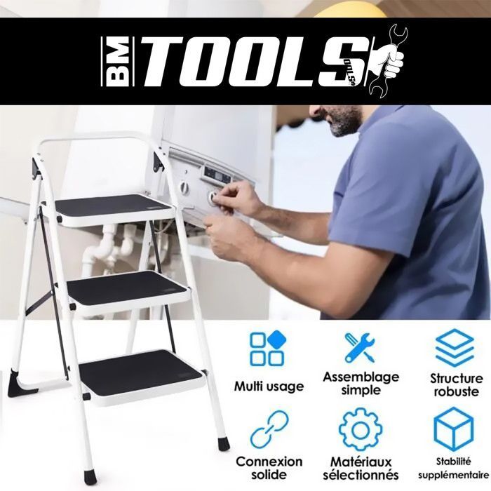Scala a 3 gradini BM TOOLS BMT-ESC3-ACC, altezza di lavoro 69 cm, facile da riporre, gradini antiscivolo, robusta e durevole.