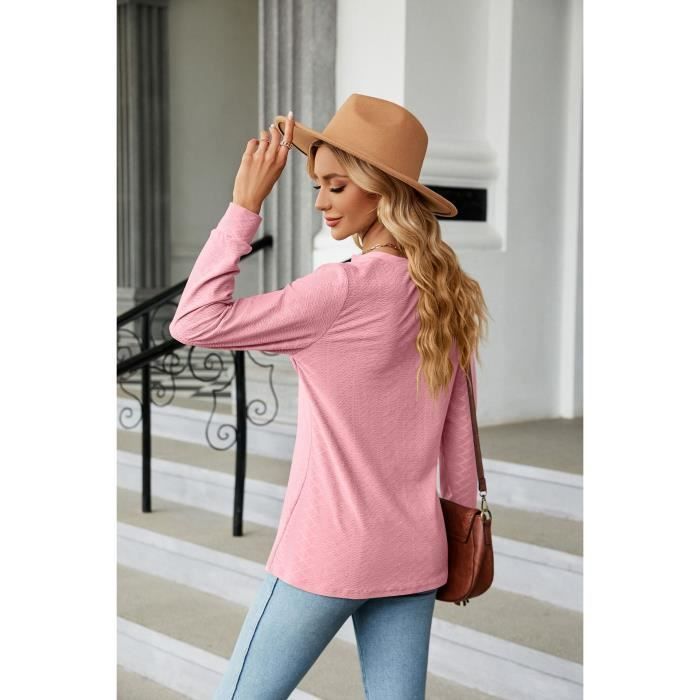 T-shirt Femme Manches Longues Col V Casual Tee Shirt Couleur Unie Automne Hiver Confortable