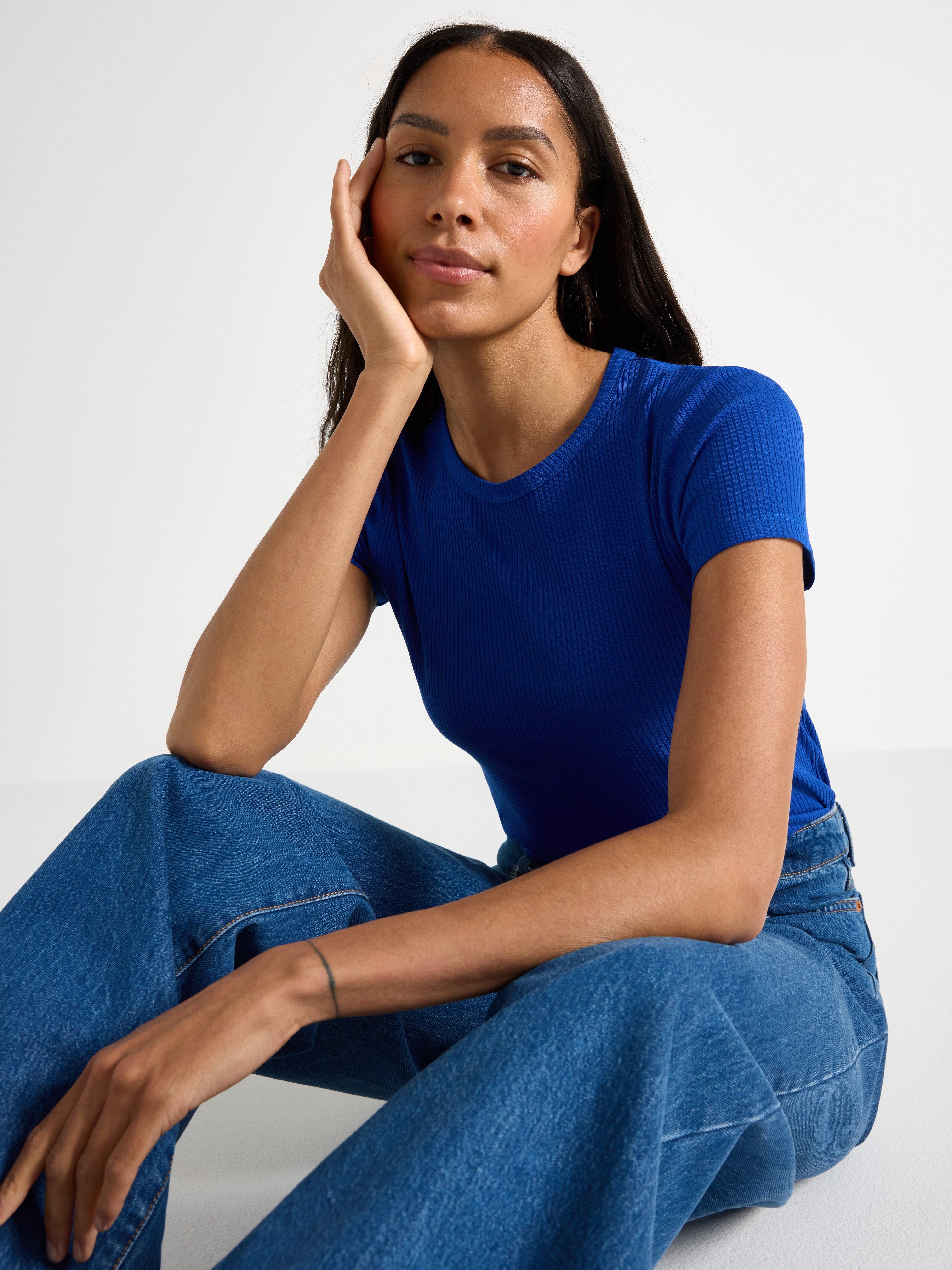 Ribbad kortärmad topp Blue