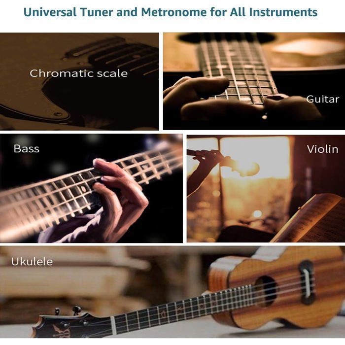 Afinador y metrónomo electrónico para todo tipo de instrumentos como guitarra, violín, piano, bajo, ukelele y saxofón. Afinador multicolor.