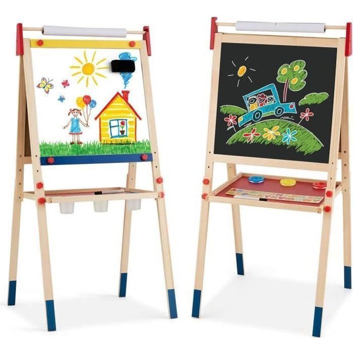 3 en 1 Chevalet pour Enfants en Bois de Pin, Tableau Magnétique en Double Face, 3 Hauteurs Disponibles