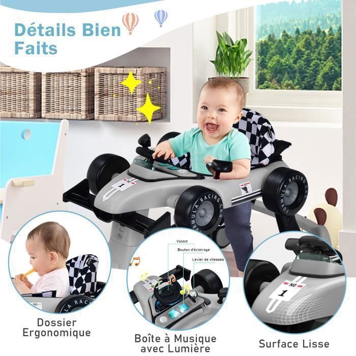 Andador plegable 4 en 1 para bebés COSTWAY - Altura y velocidad ajustables - Caja de música con luz - De 6 a 18 meses - Ruedas silenciosas - Negro/Gris
