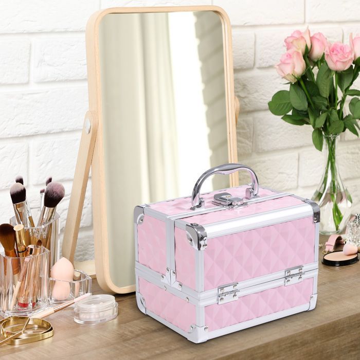 Estuche de maquillaje - HOMCOM - productos de belleza, 3 niveles, espejo, cerradura, 2 llaves - aluminio - 20x15x15cm - rosa