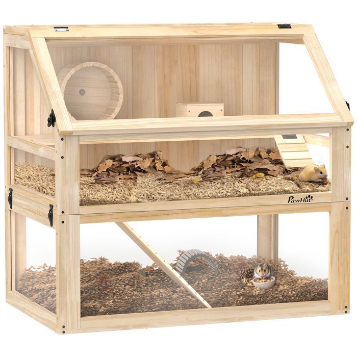 Houten hamsterkooi - knaagdierenkooi - PawHut - 3 verdiepingen met verwijderbare bodem, schuilplaats, schommel - 80x50x76cm - natuurlijke houtafwerking
