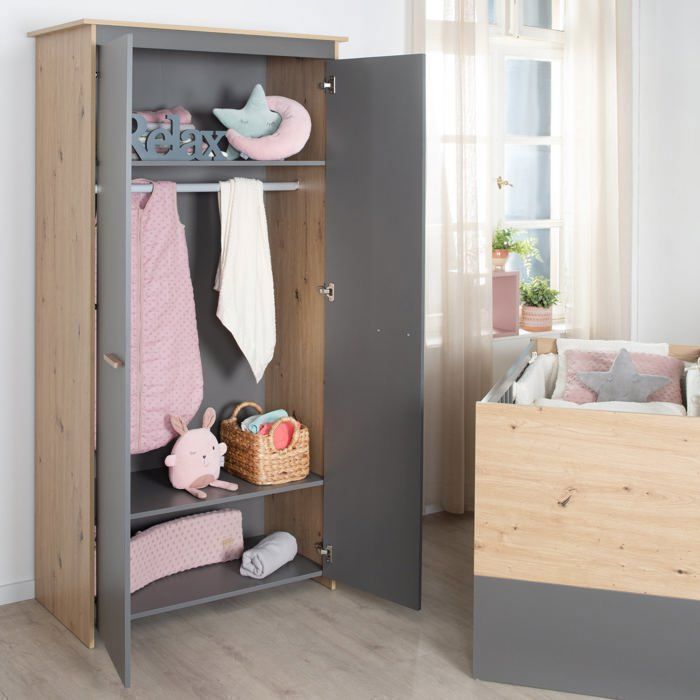 Conjunto completo de dormitorio infantil: cuna de 60 x 120 cm + cambiador + armario - ANNA - ROBA - Roble Kent / Antracita