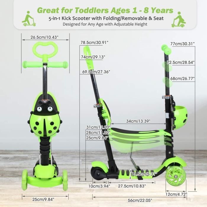 Green Scooter for Children with Removable, Adjustable Seat and Push Handle, Lightweight Scooter with Light-Up Wheels