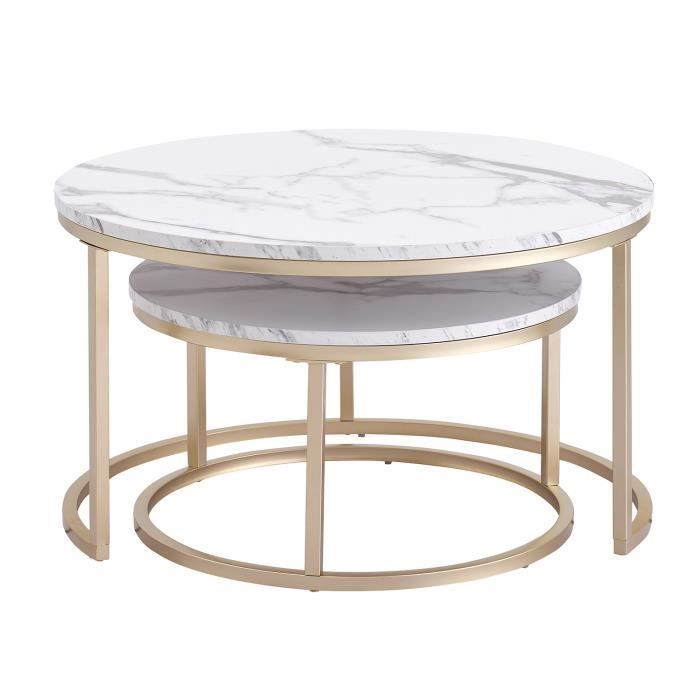 Tavolino rotondo - Legno, marmo e gambe in metallo - Tavolini impilabili - D 80/60 x H 45/33 cm
