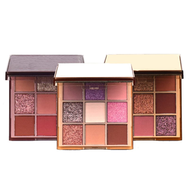 Paleta de 9 sombras de ojos de marca: gran pigmentación, acabados mate, brillante y con purpurina; maquillaje de ojos resistente al agua