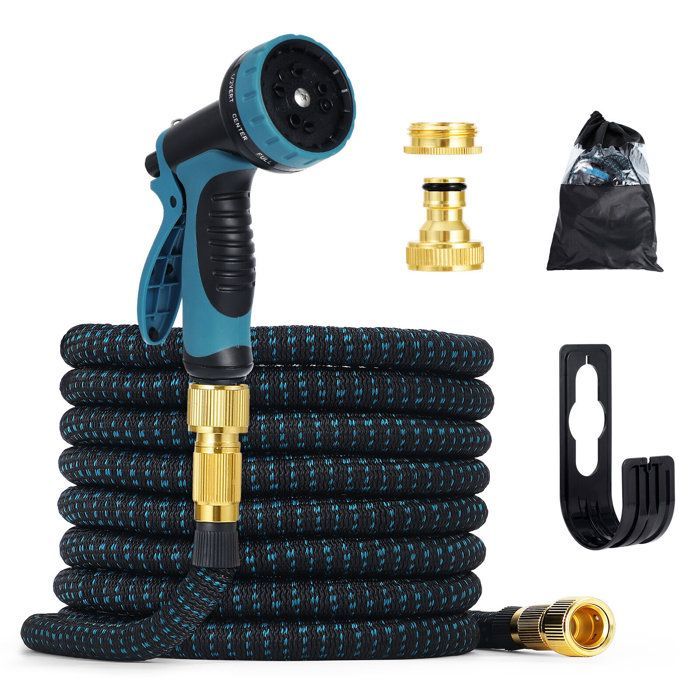 Tuyau d'Arrosage Extensible 15M/50FT, Tuyau Arrosage Flexible avec Pistolet pour Jardin, 10 Modèles, Noir et Bleu