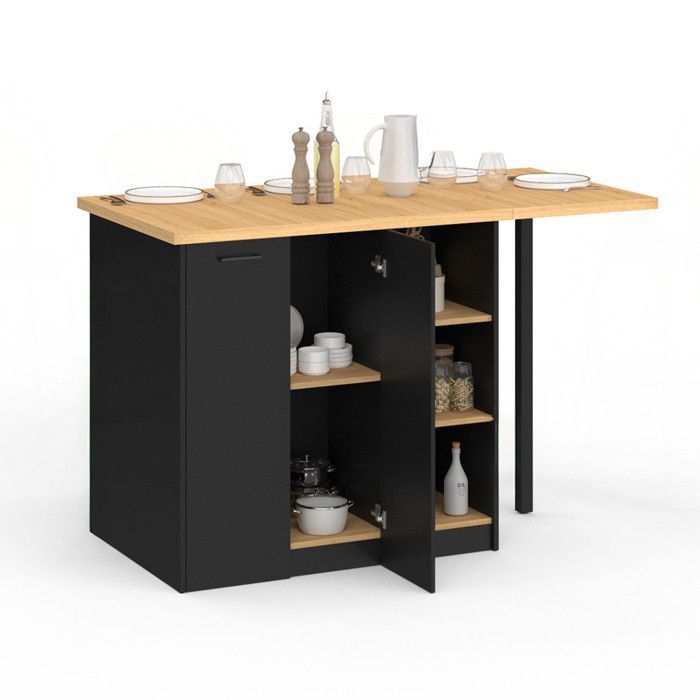 Isla central IDMARKET CESAR de 140 cm para 5 personas, madera negra con encimera efecto haya.