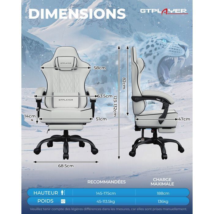 Silla gaming ergonómica, sincronizada, reposabrazos ajustables, cojines lumbares/para la cabeza, asiento de tela gruesa - Blanca