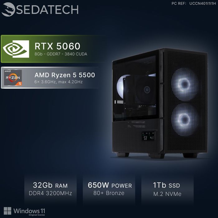 Sedatech PC Gamer Advanced ATX RGB • AMD Ryzen 5 5500 • RTX5060 • 32Go RAM • 1To SSD M.2 • Windows 11