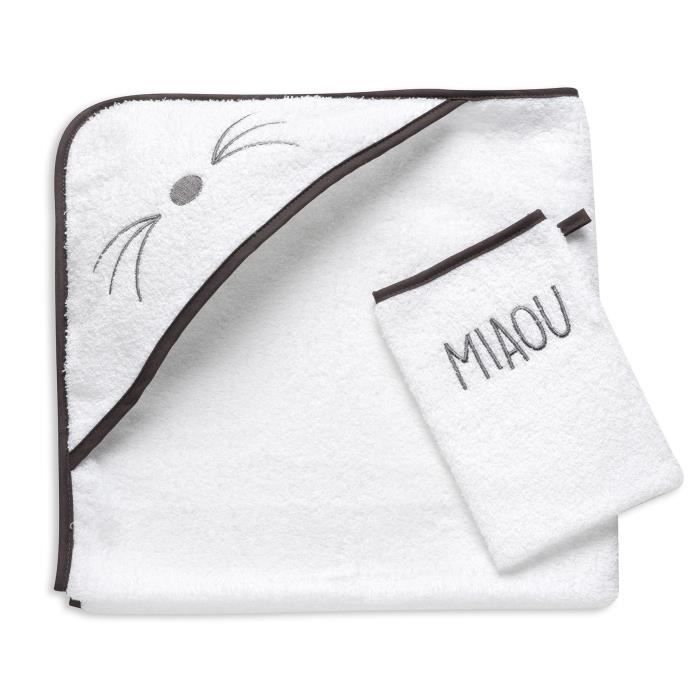 Set de bain chat grise pour bébé - FORMULA BABY - 100% coton - Dimensions 75x75cm et 15x20cm