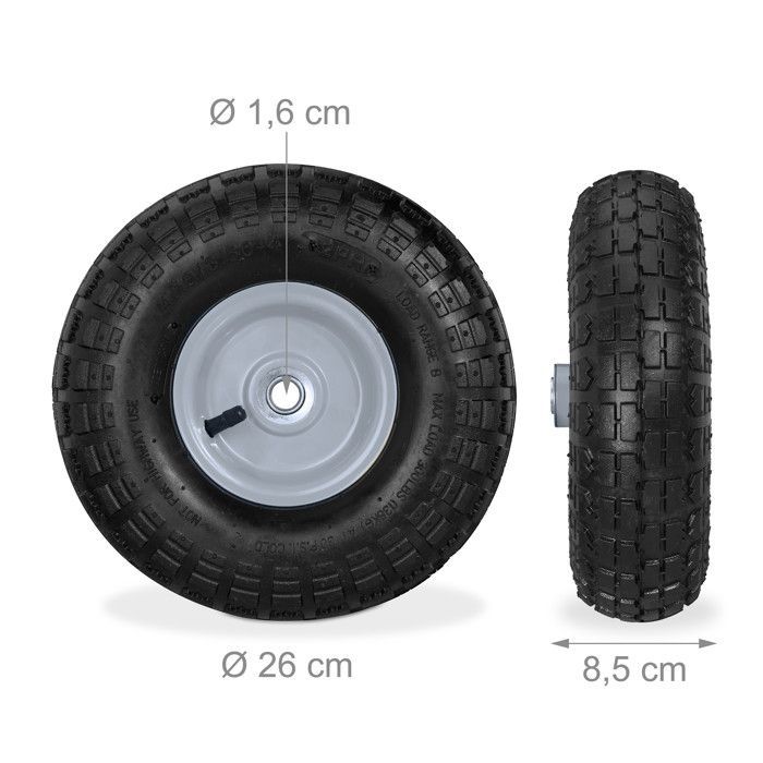 Relaxdays 2-wieler voor steekwagen 4.1/3.5-4, met luchtvering, 136 mm as, tot 136 kg, 260x85 mm stalen velgen, zwartgrijs