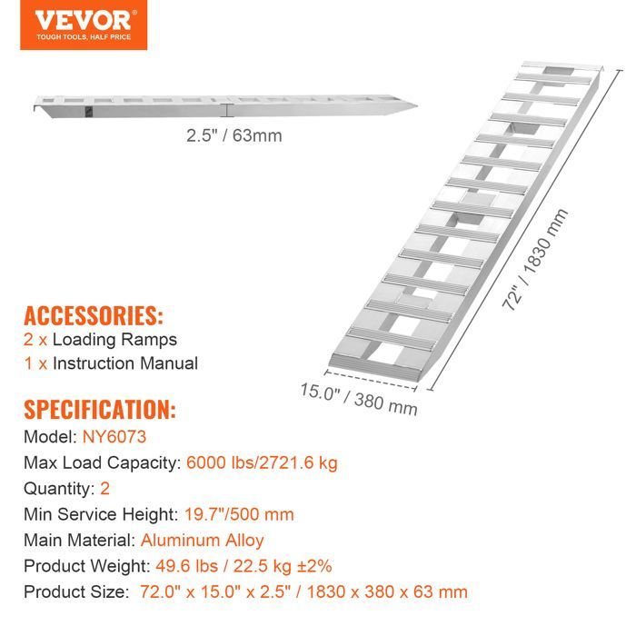 Rampas de aluminio - VEVOR - 1830 x 380 x 63 mm - Capacidad de carga 2721,6 kg - para motocicletas/remolques/ATV/UTV