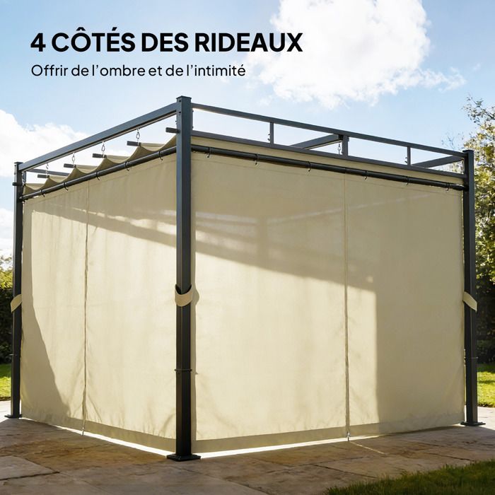Garden pergola - outdoor garden gazebo - Outsunny - retractable roof, 4 curtains, UV30+ protection - steel - 3x3m - beige