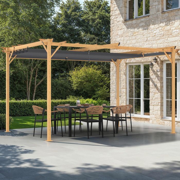 IDMARKET Pérgola edición exclusiva con techo retráctil efecto madera de 3x4 m y 4 persianas gris antracita.