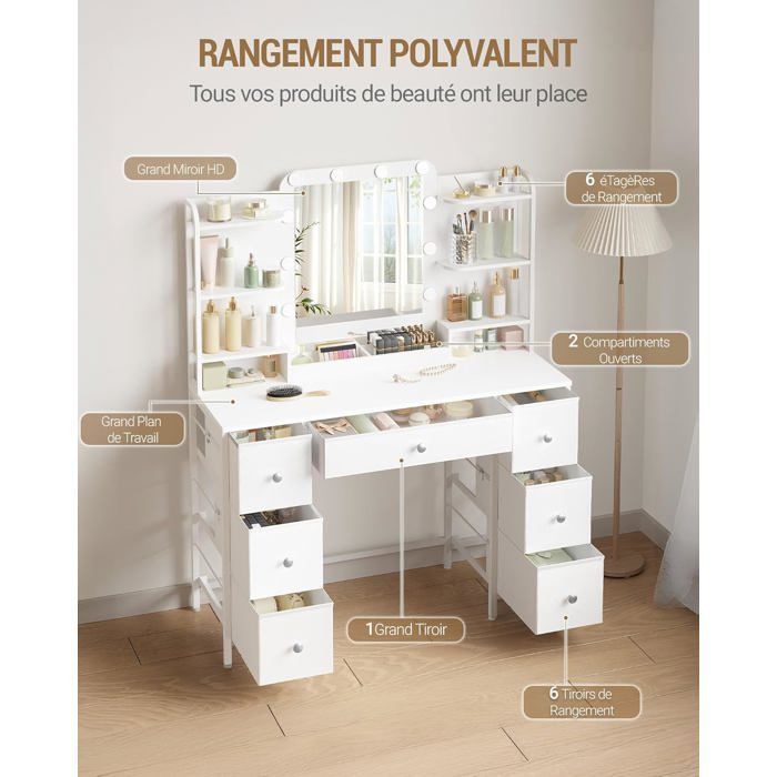 Tocador con iluminación LED, tocador con espejo HD grande, 7 cajones y 6 estantes de almacenamiento, tocador para dormitorio, moderno, blanco.