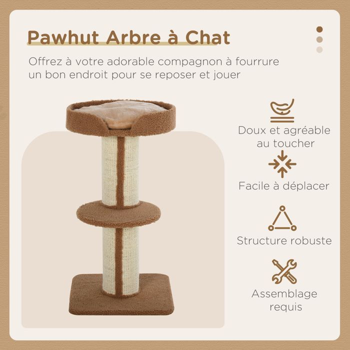 Arbre à chat - PawHut - avec griffoir - 2 plateformes - coussin - perchoirs avec bord relevé - marron clair