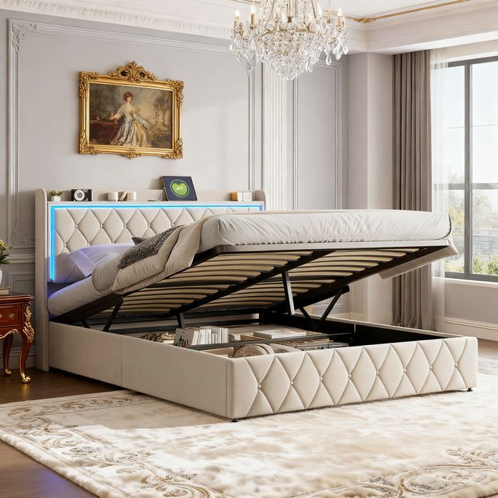 Lit 140x190 cm avec LED et USB - CWXL - lit coffre 140x190 avec sommier à lattes - cadre de lit adulte - tissu en velours - beige
