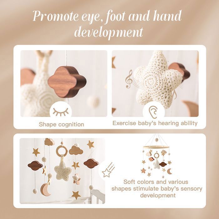 Móvil para cuna - BRAKORERS - con estrellas, lunas y nubes de ganchillo, adornos colgantes, juguete de madera para cuna, color beige.