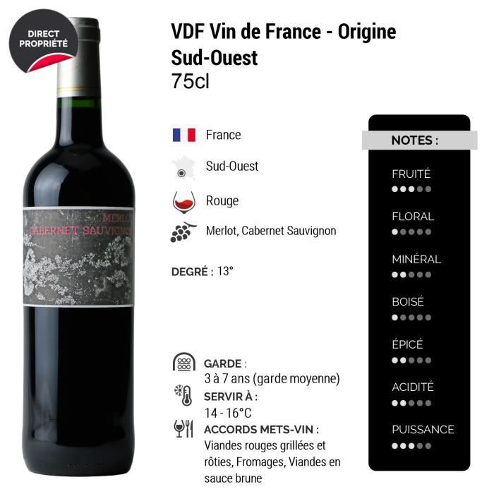 Merlot et Cabernet Sauvignon Rouge - Lot de 6x75cl - Les Frères Moine - Vin Rouge du Sud-Ouest - Appellation VDF Vin de France -