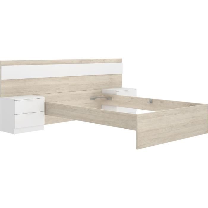 Cama adulta NIZA con mesillas de noche integradas - 140 x 190 cm - Roble natural / Blanco