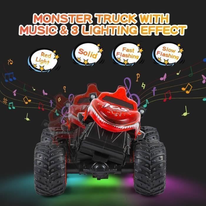 Voiture télécommandée - Monster Truck Dinosaure - Fonction danse améliorée - Lumières 3 modes - Cascades 360°