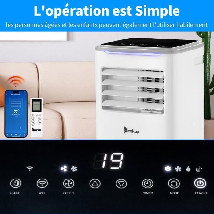 Aire acondicionado portátil de 10000 BTU con temporizador de 24 horas y control remoto.