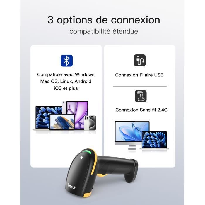 Inateck 2D Bluetooth-Barcodescanner, kabelloser QR-Code-Scanner mit intelligenter Ladestation, unterstützt KI, App und SDK