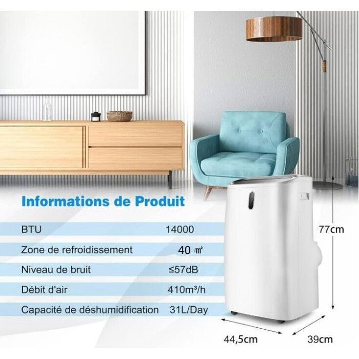 Climatiseur Mobile Silencieux 14000BTU - RELAX4LIFE - Commande Smart App - Refroidisseur d'air pour 40m2 - Classe énergétique A