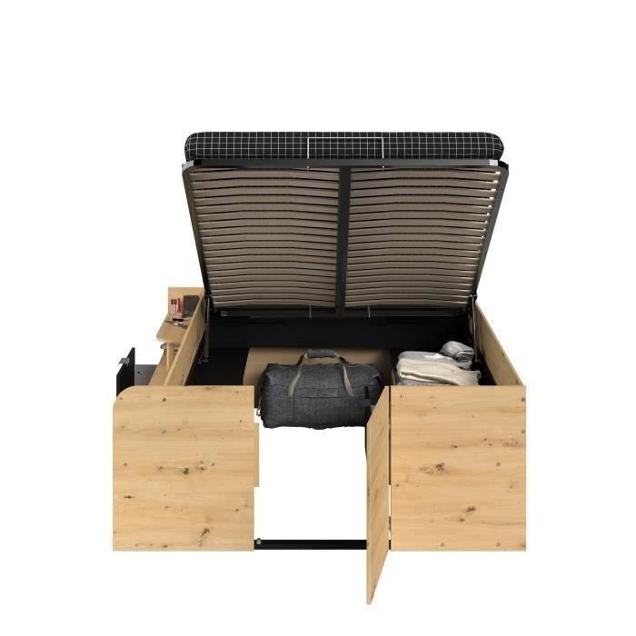 Cama con almacenamiento para adultos ODYSSEE - 140 x 190/200 cm - Con almacenamiento elevable - Acabado en roble y negro - 166,2 x 66,5 x 205,8 cm
