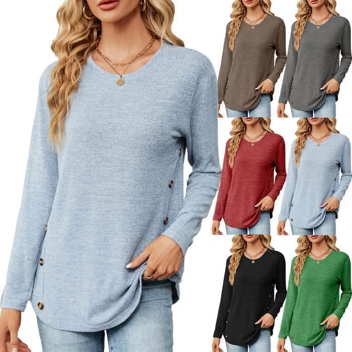 Jersey holgado de manga larga para mujer, color liso, con botones, ideal para primavera y otoño - Talla europea - Negro